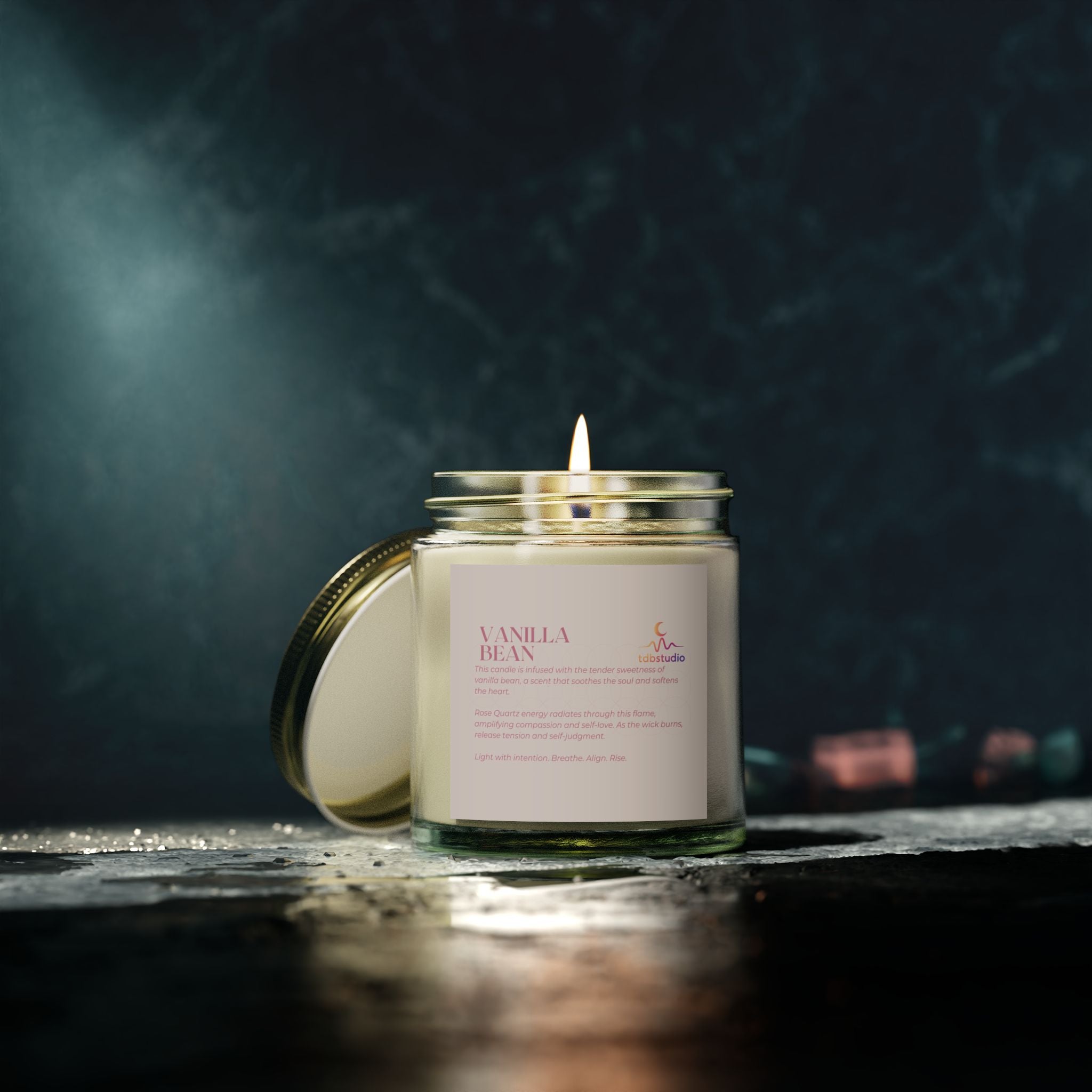 Vanilla Bean Coconut Apricot Wax Candle 9oz, Rose Quartz Energy Candle, Compassion Frequency, Heart Healing Gift